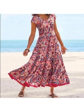 SOFT SURROUNDINGS Kara Tiered Maxi
DRESS Pink Paisley BOHO Size Medium